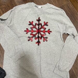 Gray Long Sleeve Shirt with Red Snowflake Design